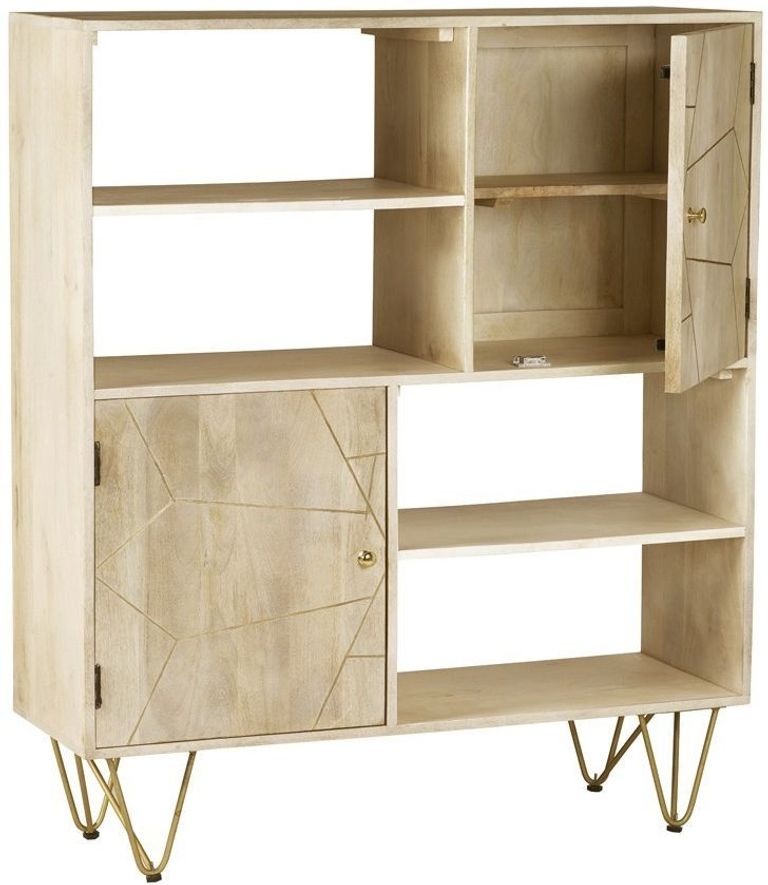 Kaza Light Mango Wood Display Cabinet - Hairpin Legs with Gold Geometric Inlay