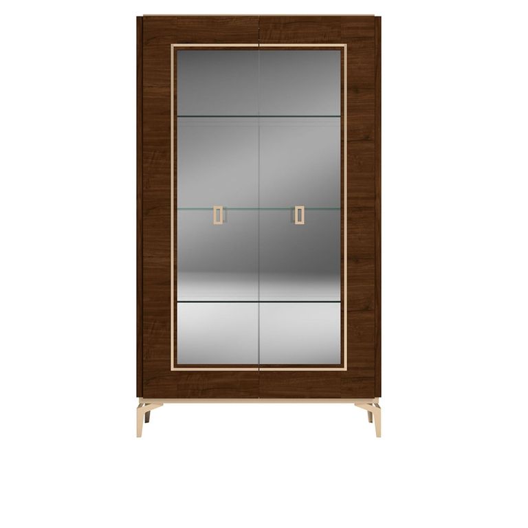 Modern Eva Vitrine - 2 Glass Door - Walnut with Gold Trim