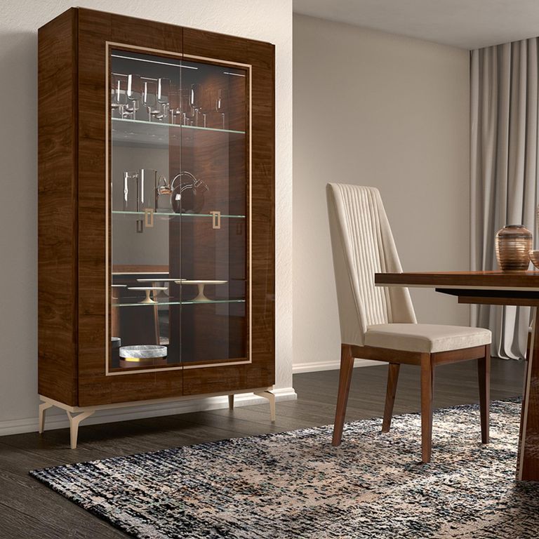 Modern Eva Vitrine - 2 Glass Door - Walnut with Gold Trim