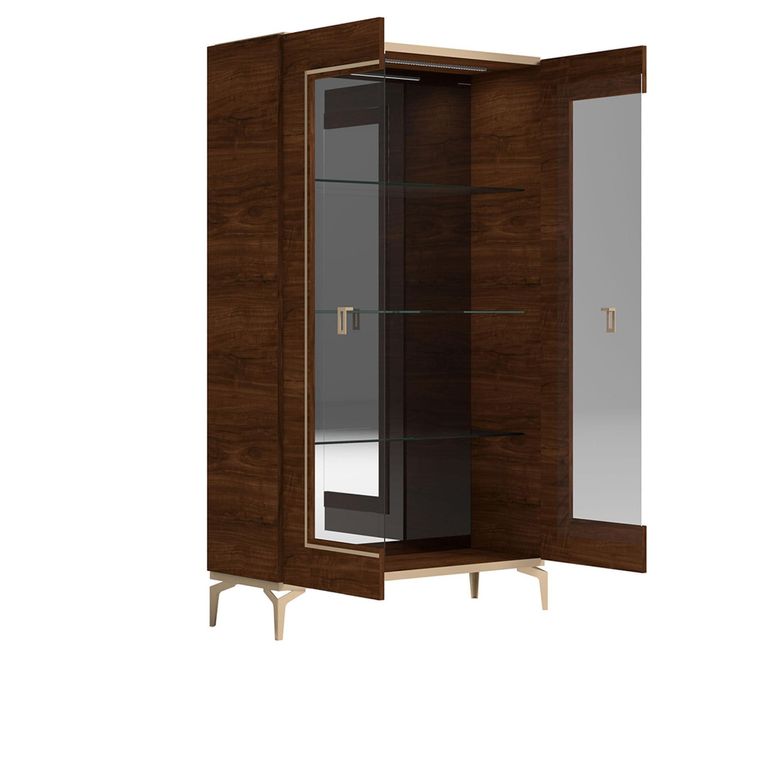 Modern Eva Vitrine - 2 Glass Door - Walnut with Gold Trim