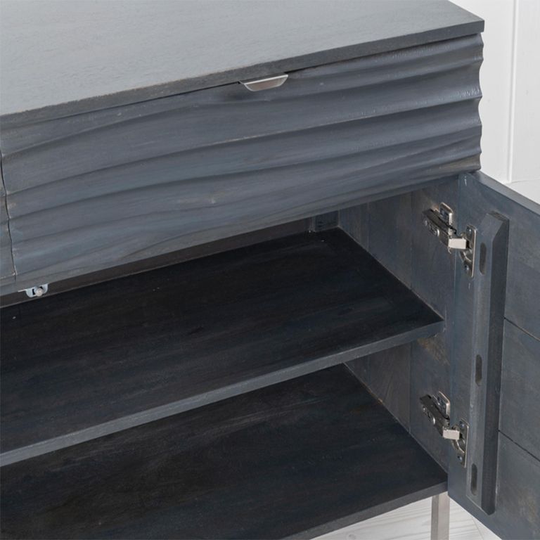 Clearance - Ripple Grey Wave Mango Wood 120cm Small Sideboard with Black Geometric Trim - 2 Doors - Brand New Item