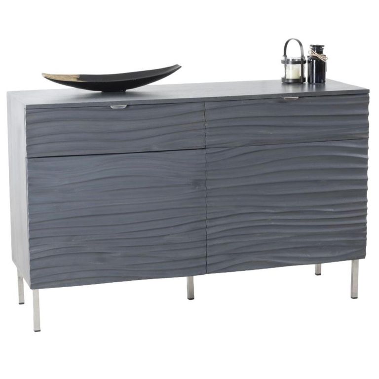 Clearance - Ripple Grey Wave Mango Wood 120cm Small Sideboard with Black Geometric Trim - 2 Doors - Brand New Item