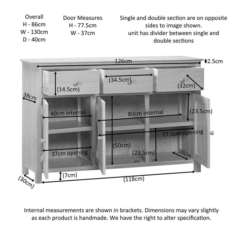 Arlington Medium Sideboard - 130cm - 3 Door - Oak