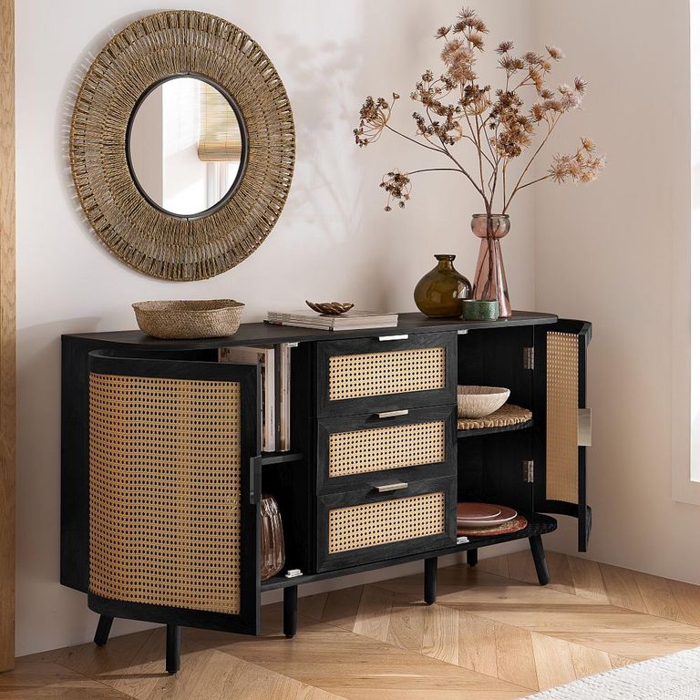 Noah Medium Sideboard - 150cm - 2 Door - Black and Rattan