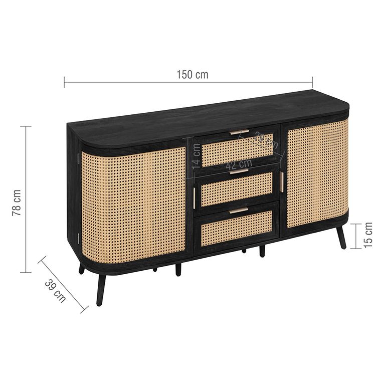 Noah Medium Sideboard - 150cm - 2 Door - Black and Rattan
