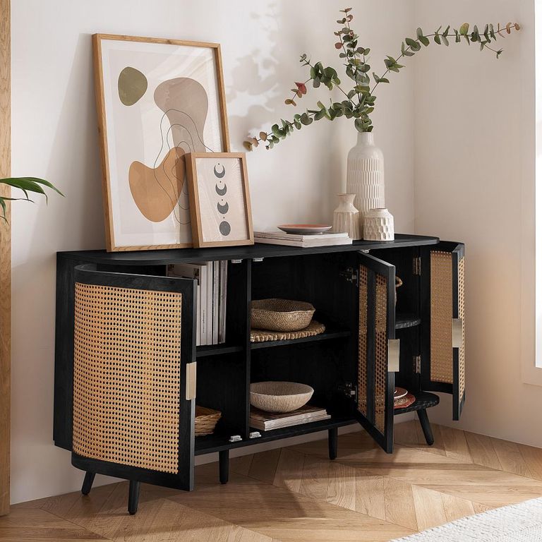 Noah Medium Sideboard - 150cm - 3 Door - Black and Rattan