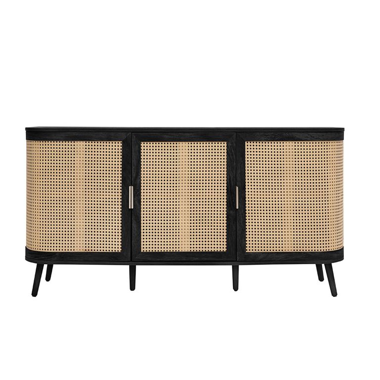 Noah Medium Sideboard - 150cm - 3 Door - Black and Rattan