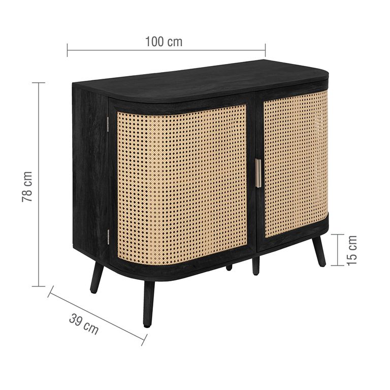 Noah Small Sideboard - 100cm - 2 Door - Black and Rattan