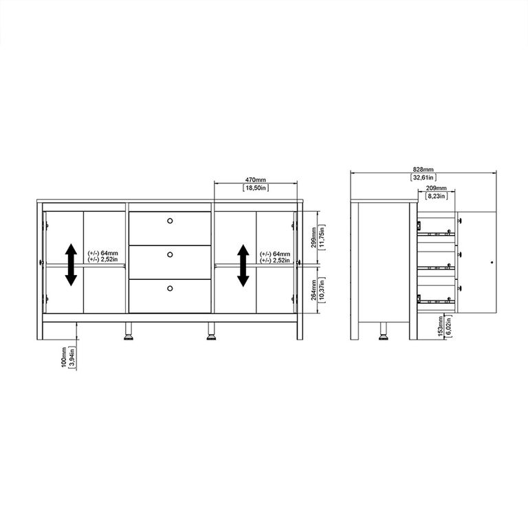 Madrid Sideboard - 2 Door - 3 Drawer - Medium - Black