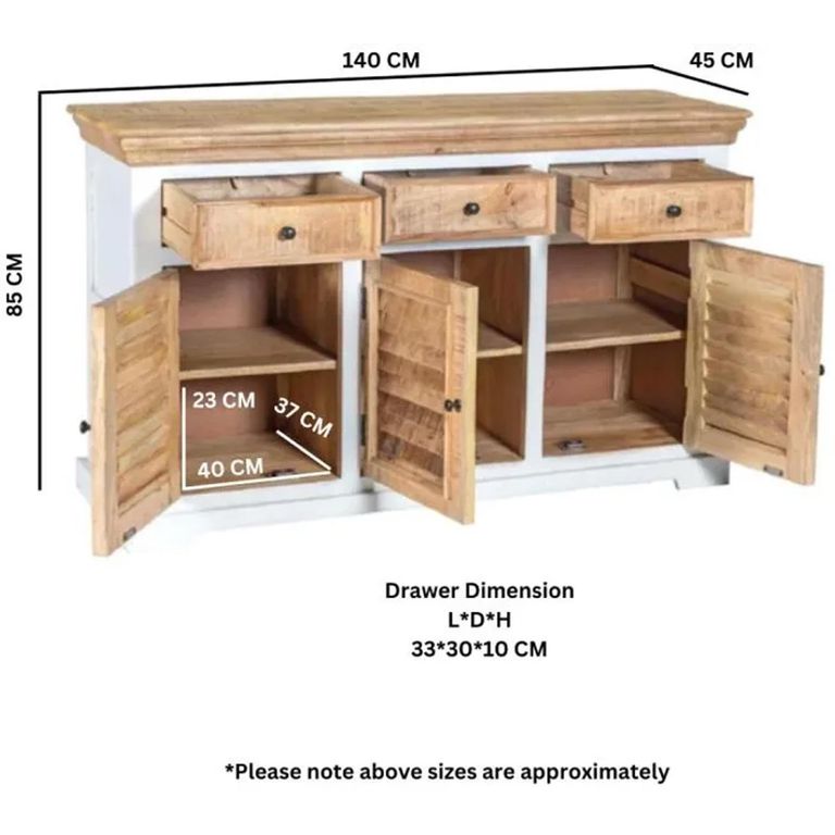 Alfie Sideboard - 3 Door - Medium - 140cm - White - Mango Wood