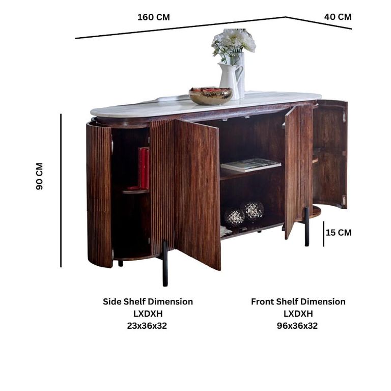 Opal Fluted Sideboard - 4 Door - Large - 160cm - White Marble Top - Mango Wood