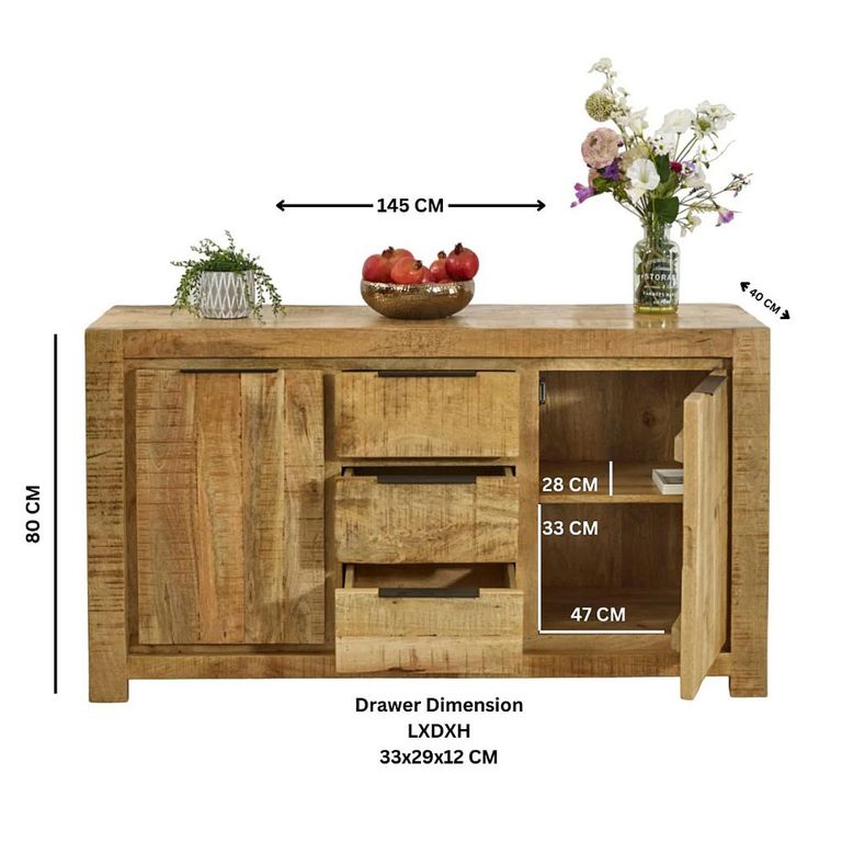 Surrey Sideboard - 2 Door 3 Drawer - Medium - Solid Mango Wood