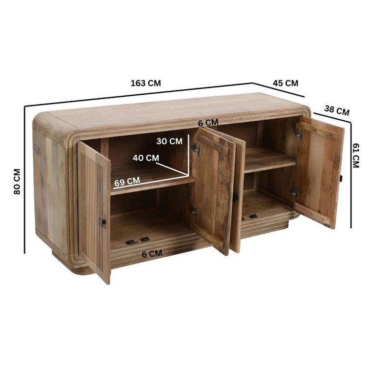 Hudson Sideboard - 4 Door - Large - Ribbed Carved - Mango Wood