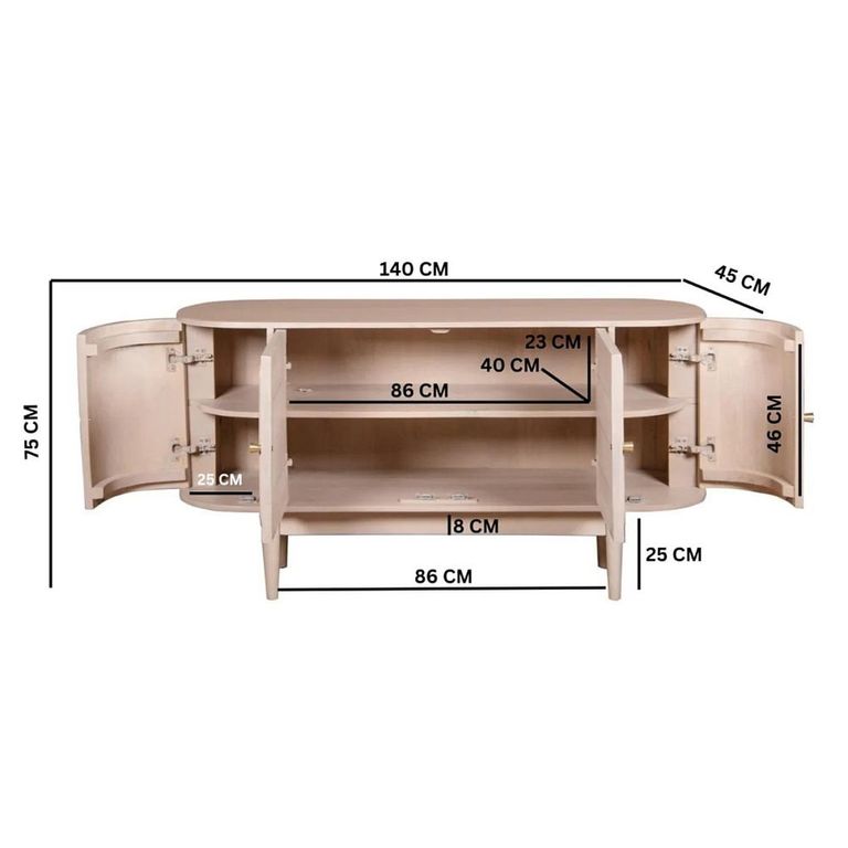 Valencia Sideboard - 4 Door - Medium - Curved - Natural Rattan and Mango Wood