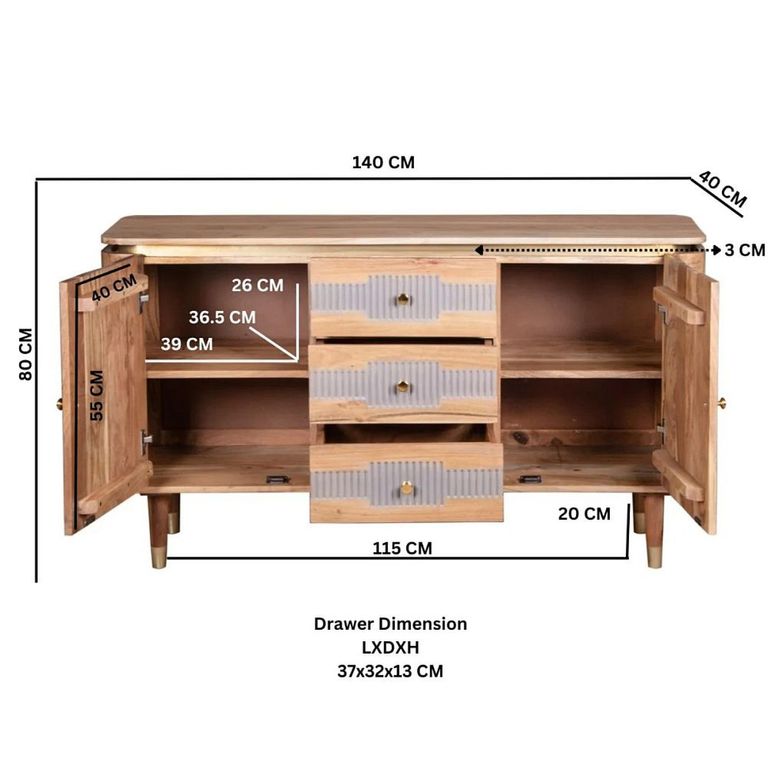 Wilton Sideboard - 2 Door 3 Drawer - Medium - Ribbed - Gold Trim - Acacia Wood