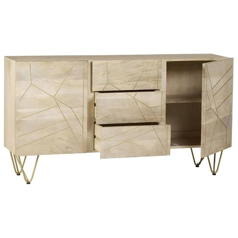 Sideboard - 2 Door 3 Drawer - Large - Hairpin Legs - Gold Geometric Inlay - Light Mango Wood