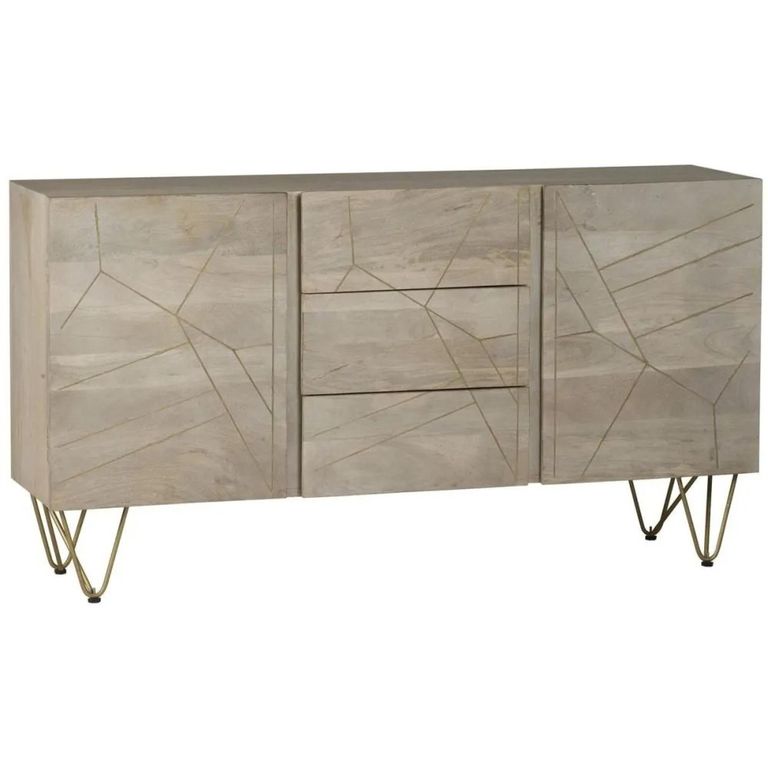 Sideboard - 2 Door 3 Drawer - Large - Hairpin Legs - Gold Geometric Inlay - Light Mango Wood