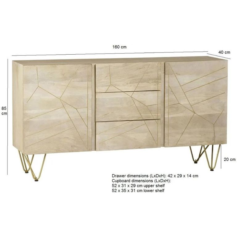 Sideboard - 2 Door 3 Drawer - Large - Hairpin Legs - Gold Geometric Inlay - Light Mango Wood