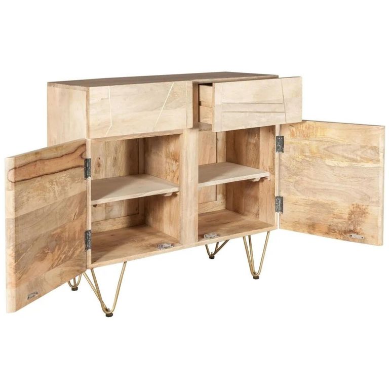 Sideboard - 2 Door 2 Drawer - Small - Hairpin Legs - Gold Geometric Inlay - Light Mango Wood
