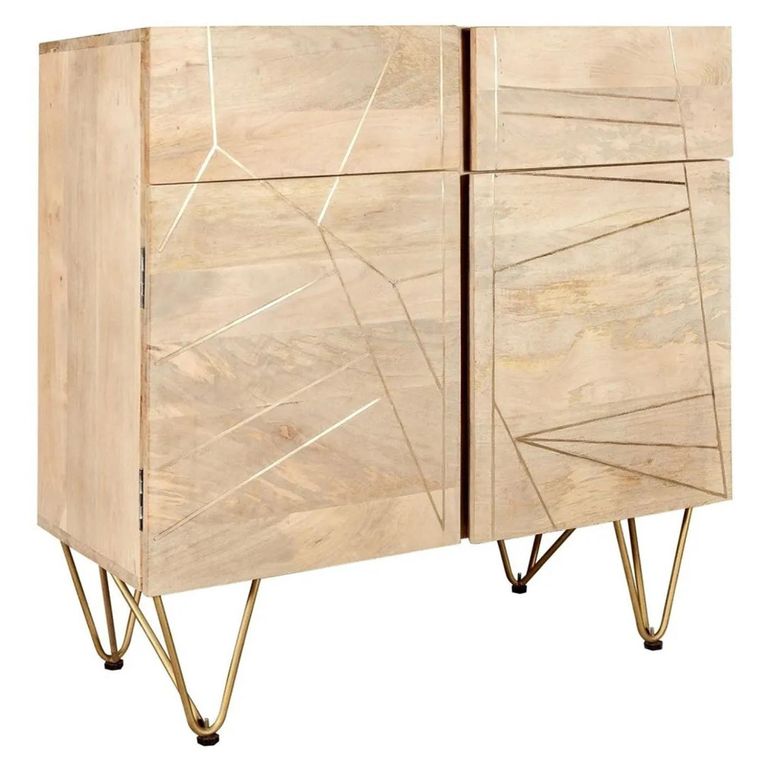 Sideboard - 2 Door 2 Drawer - Small - Hairpin Legs - Gold Geometric Inlay - Light Mango Wood