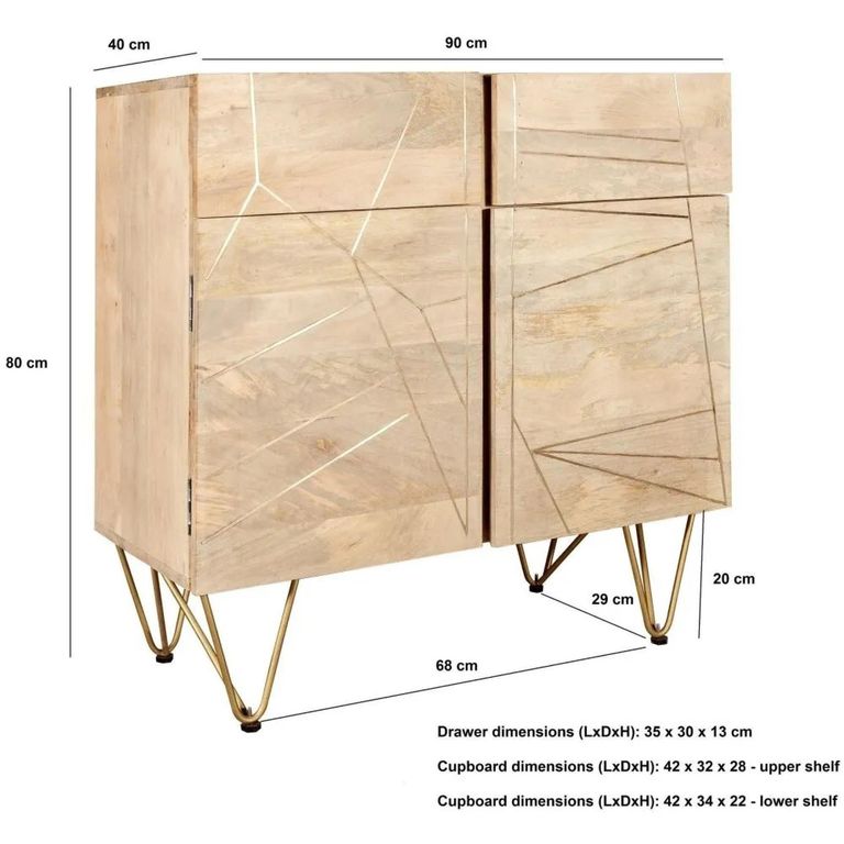 Sideboard - 2 Door 2 Drawer - Small - Hairpin Legs - Gold Geometric Inlay - Light Mango Wood