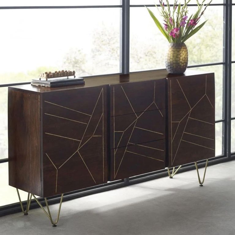 Sideboard - 2 Door 3 Drawer - Large - Hairpin Legs - Gold Geometric Inlay - Dark Mango Wood