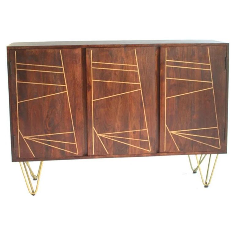 Sideboard - 3 Door - Medium - Hairpin Legs - Gold Geometric Inlay - Dark Mango Wood