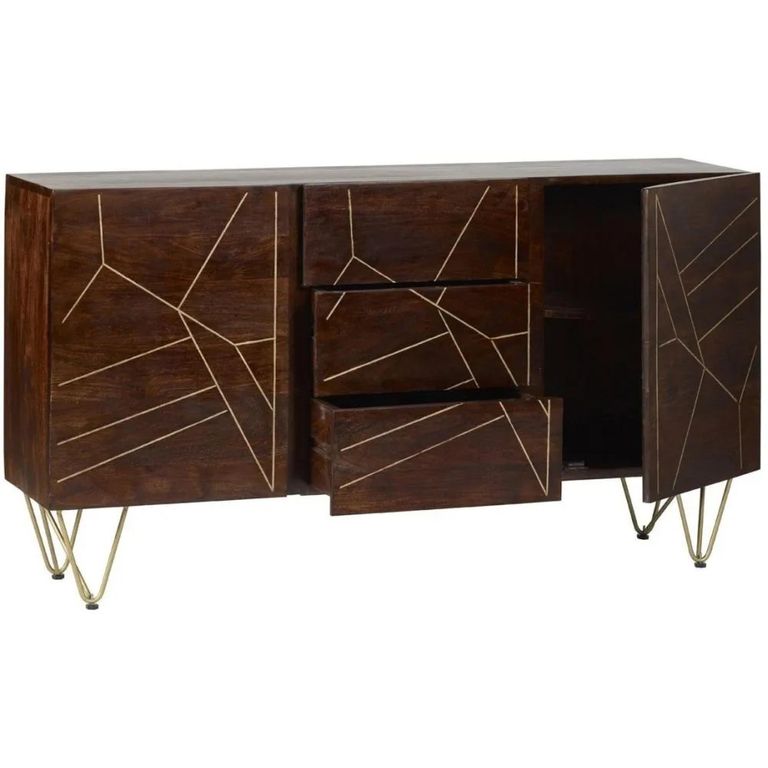 Sideboard - 2 Door 3 Drawer - Large - Hairpin Legs - Gold Geometric Inlay - Dark Mango Wood