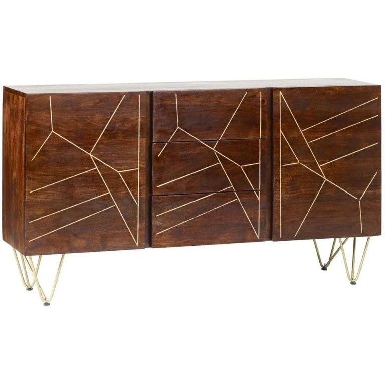 Sideboard - 2 Door 3 Drawer - Large - Hairpin Legs - Gold Geometric Inlay - Dark Mango Wood