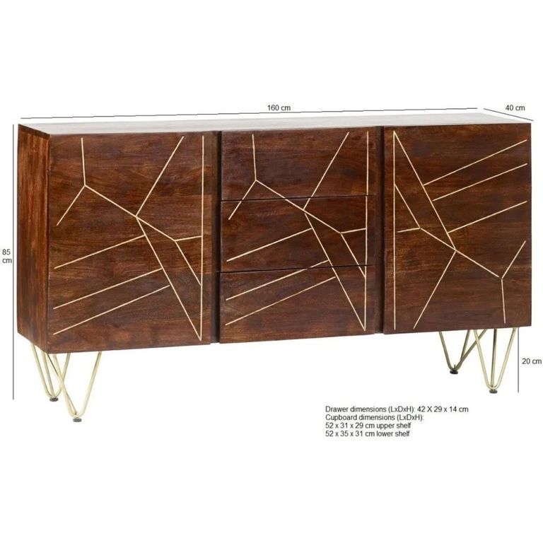 Sideboard - 2 Door 3 Drawer - Large - Hairpin Legs - Gold Geometric Inlay - Dark Mango Wood