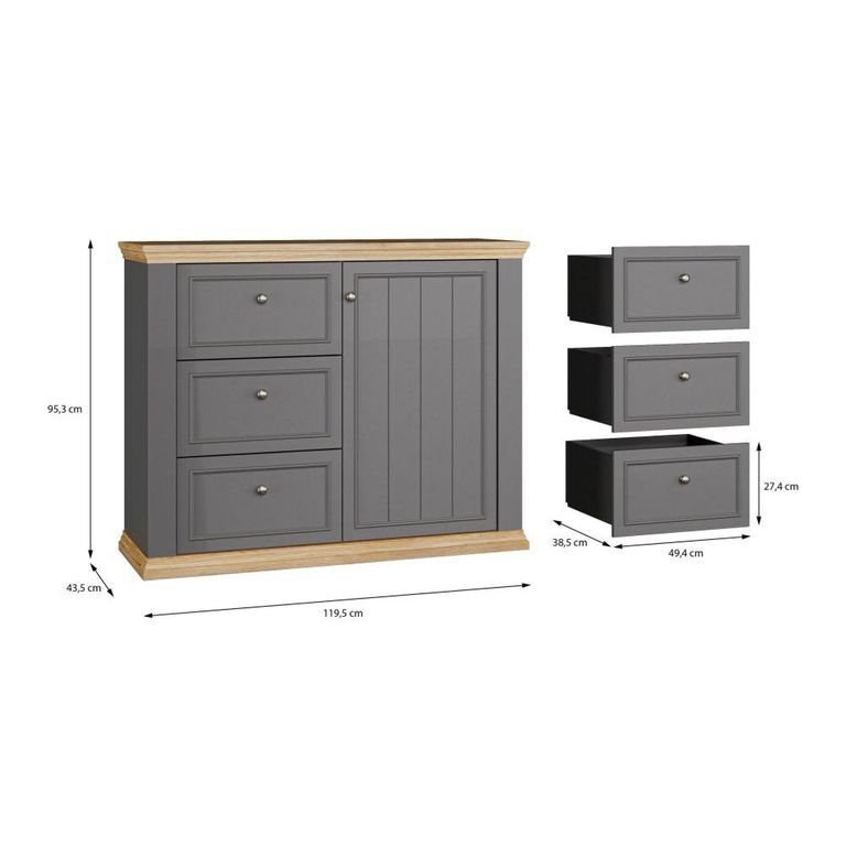Pontypool Sideboard - 1 Door - 3 Drawer - Dark Grey and Light Oak