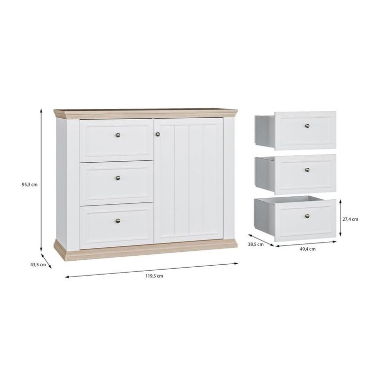 Pontypool Sideboard - 1 Door - 3 Drawer - White and Riva Oak
