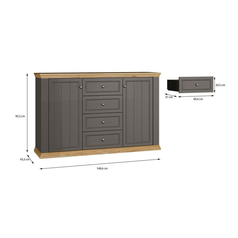 Pontypool Sideboard - 2 Door - 4 Drawer - Medium - Dark Grey and Light Oak