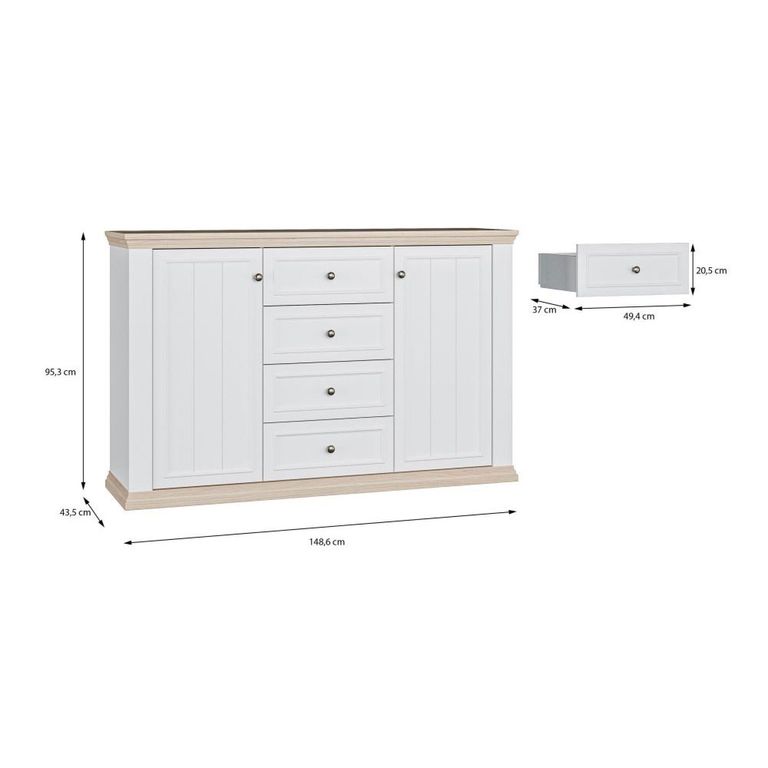 Pontypool Sideboard - 2 Door - 4 Drawer - Medium - White and Riva Oak