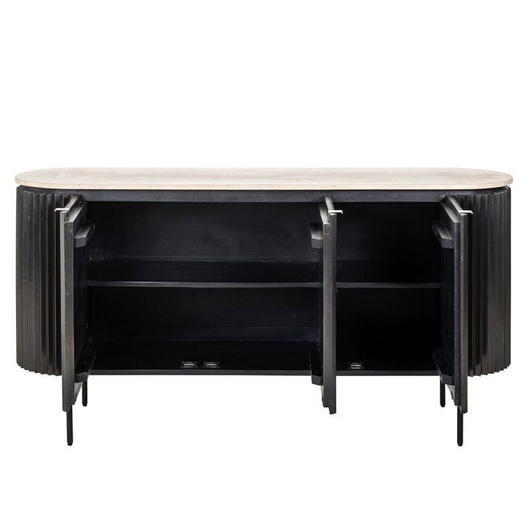 Hampton 3 Door Black Fluted Large Sideboard with Travertine Beige Top