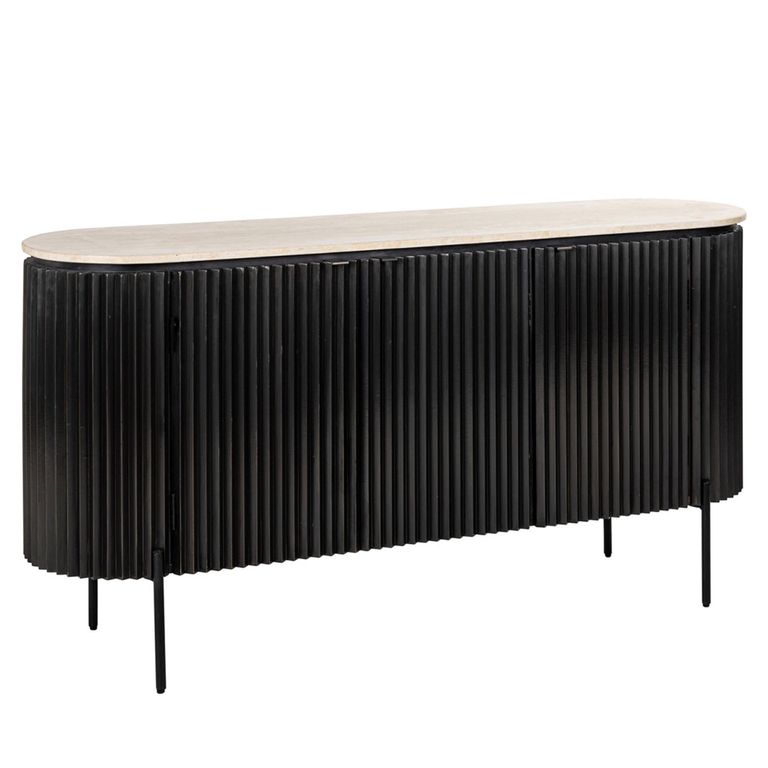 Hampton 3 Door Black Fluted Large Sideboard with Travertine Beige Top