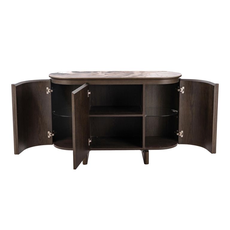 Langford Curved Sideboard - 3 Door - Medium - Brown - Ceramic and Oak