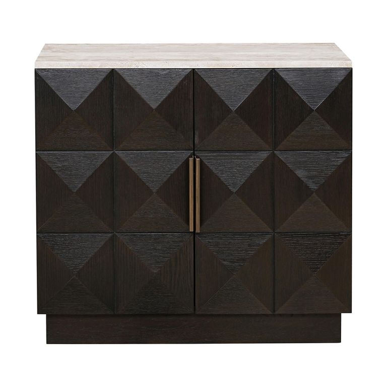 Claremont Dark Wood 2 Door Small Geometric Sideboard with Travertine Top