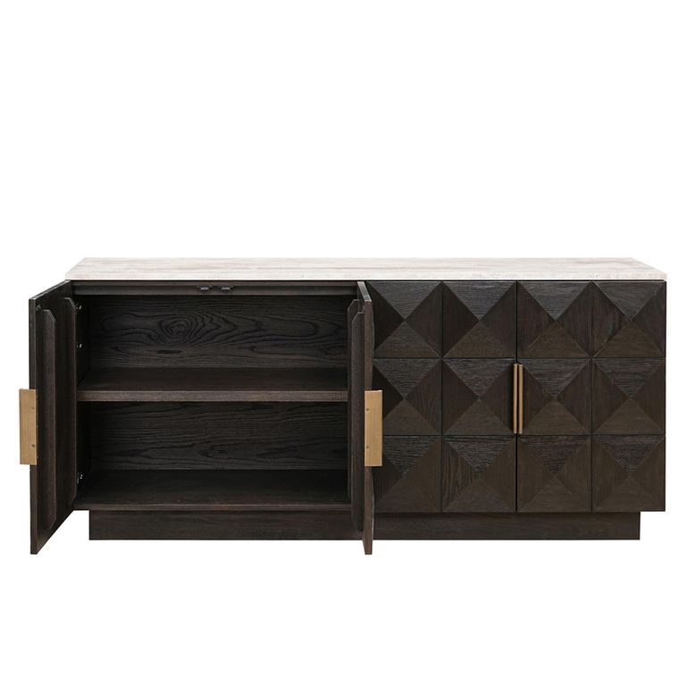 Claremont Dark Wood 4 Door Extra Large Geometric Sideboard with Travertine Top