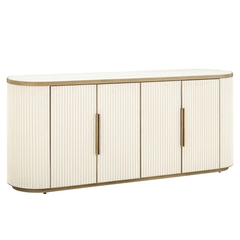 Tivoli Curved Fluted Sideboard - 4 Door - Large - with Gold Trim - White - Ceramic