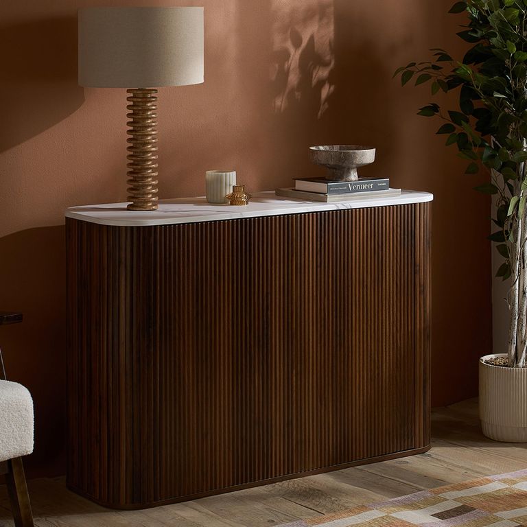 Russo Curved Sideboard - Fluted Base - 2 Door - 120cm - Small - Marble Top and Walnut