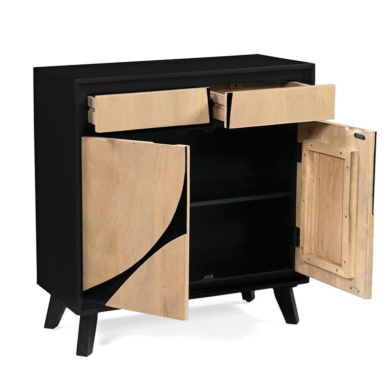 Boho Sideboard - 2 Door - 2 Drawer - 85cm - Compact - Geometric Design - Natural and Black - Mango Wood