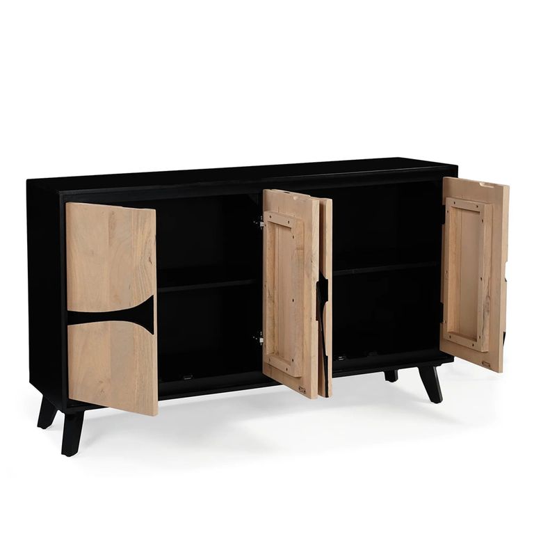 Boho Sideboard - 4 Door - 150cm - Medium - Geometric Design - Natural and Black - Mango Wood