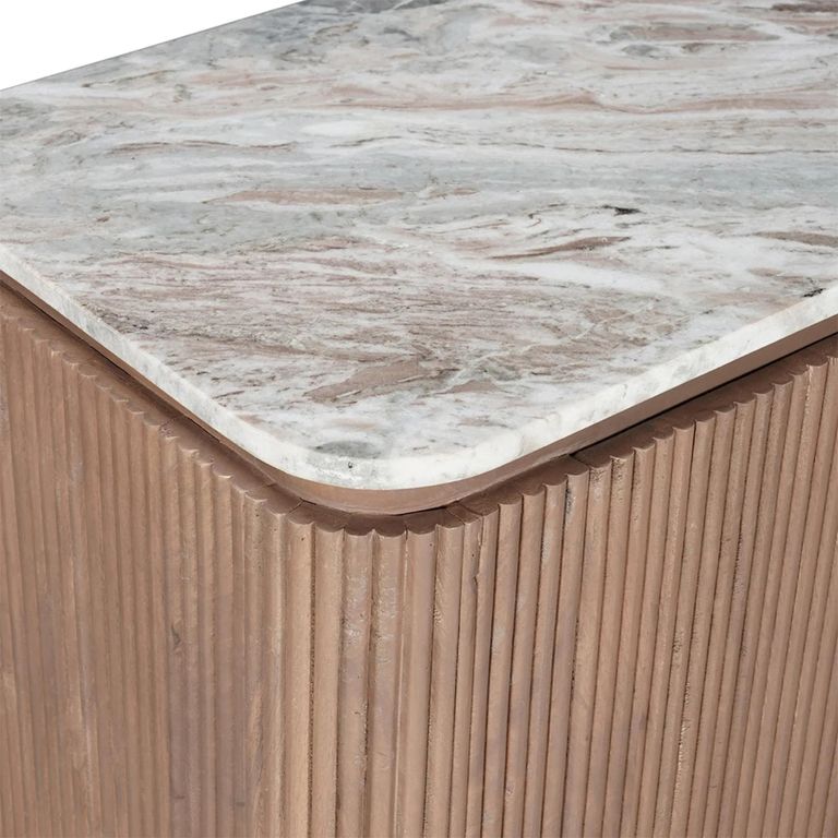 Ashford Curved Sideboard - 2 Door - 3 Drawer - 140cm - Medium - Fluted - Pale Taupe - Marble Top and Mango Wood