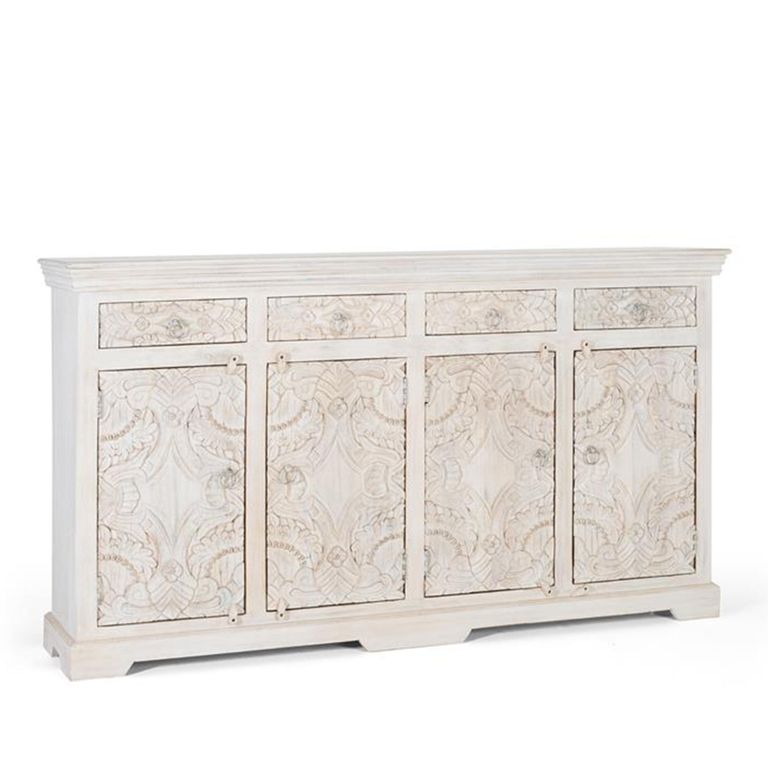Arcova Sideboard - White Carved Mango Wood - 4 Door - Extra Large - 180cm