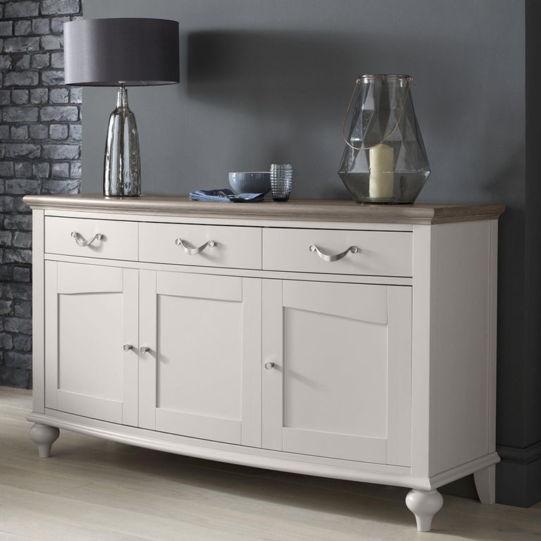 Montreux Wide Sideboard - 3 Drawer - Grey Washed Oak & Soft Grey