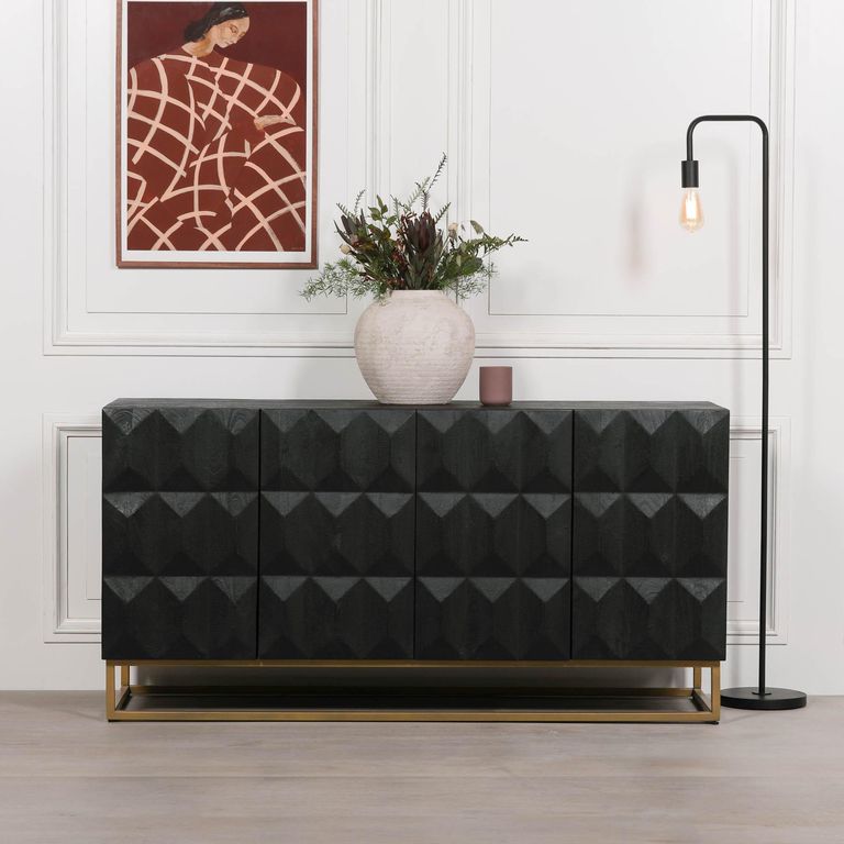 Black Mango Wood Diamond Pattern Sideboard - 4 Door - Medium