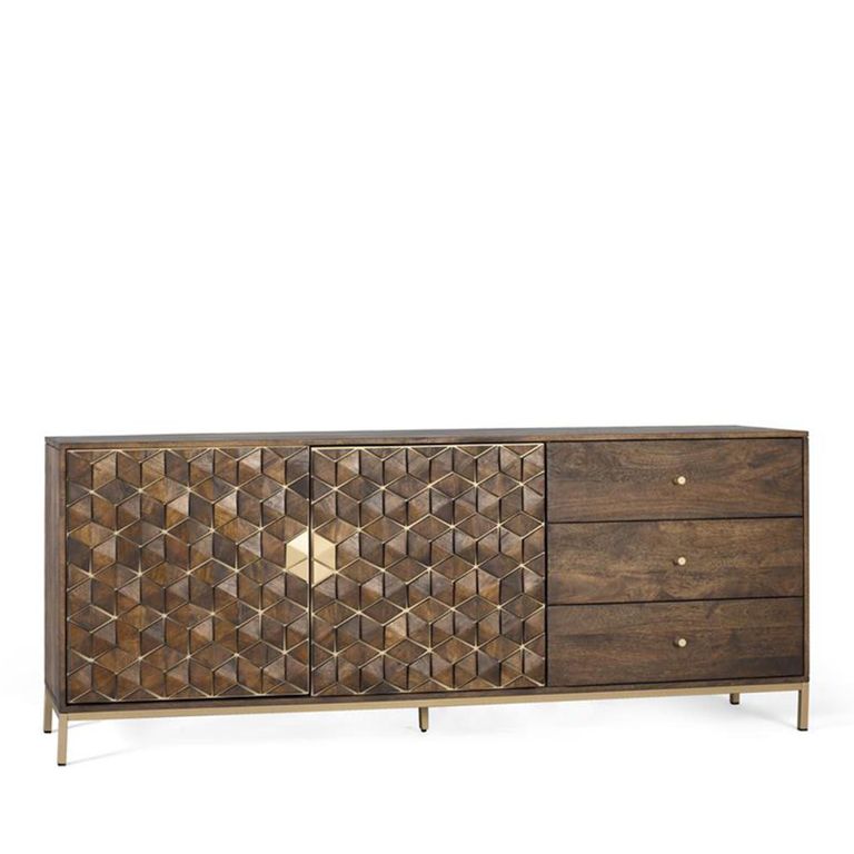 Caltan Sideboard - 2 Door - Extra Large - 190cm - Walnut Mango Wood and Gold - Geometric