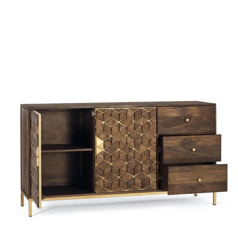 Caltan Sideboard - 2 Door - Medium - 145cm - Walnut Mango Wood and Gold - Geometric