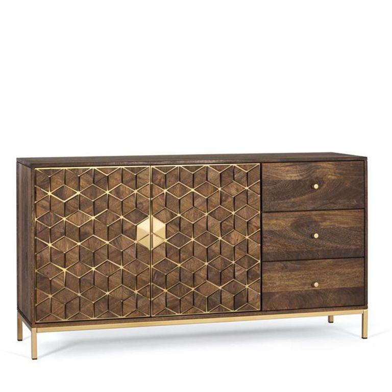 Caltan Sideboard - 2 Door - Medium - 145cm - Walnut Mango Wood and Gold - Geometric